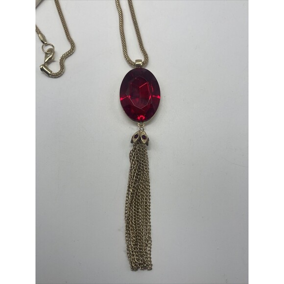 Kim Rogers Gold Tone Red Stone Tassel Long Necklace. - Picture 4 of 10